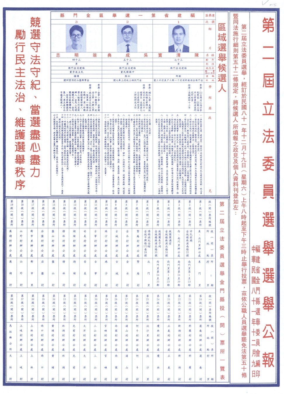 December 1991, the bulletin of the Kinmen County Second Legislative Yuan election.