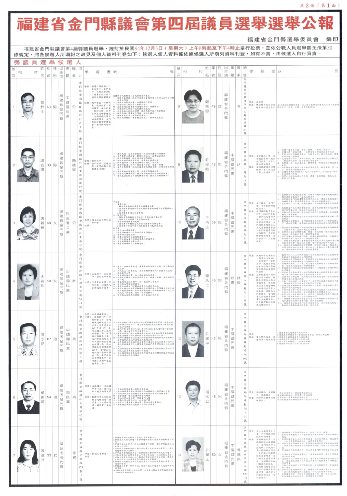 民國94年12月，金門縣第四屆縣議員選舉公報。