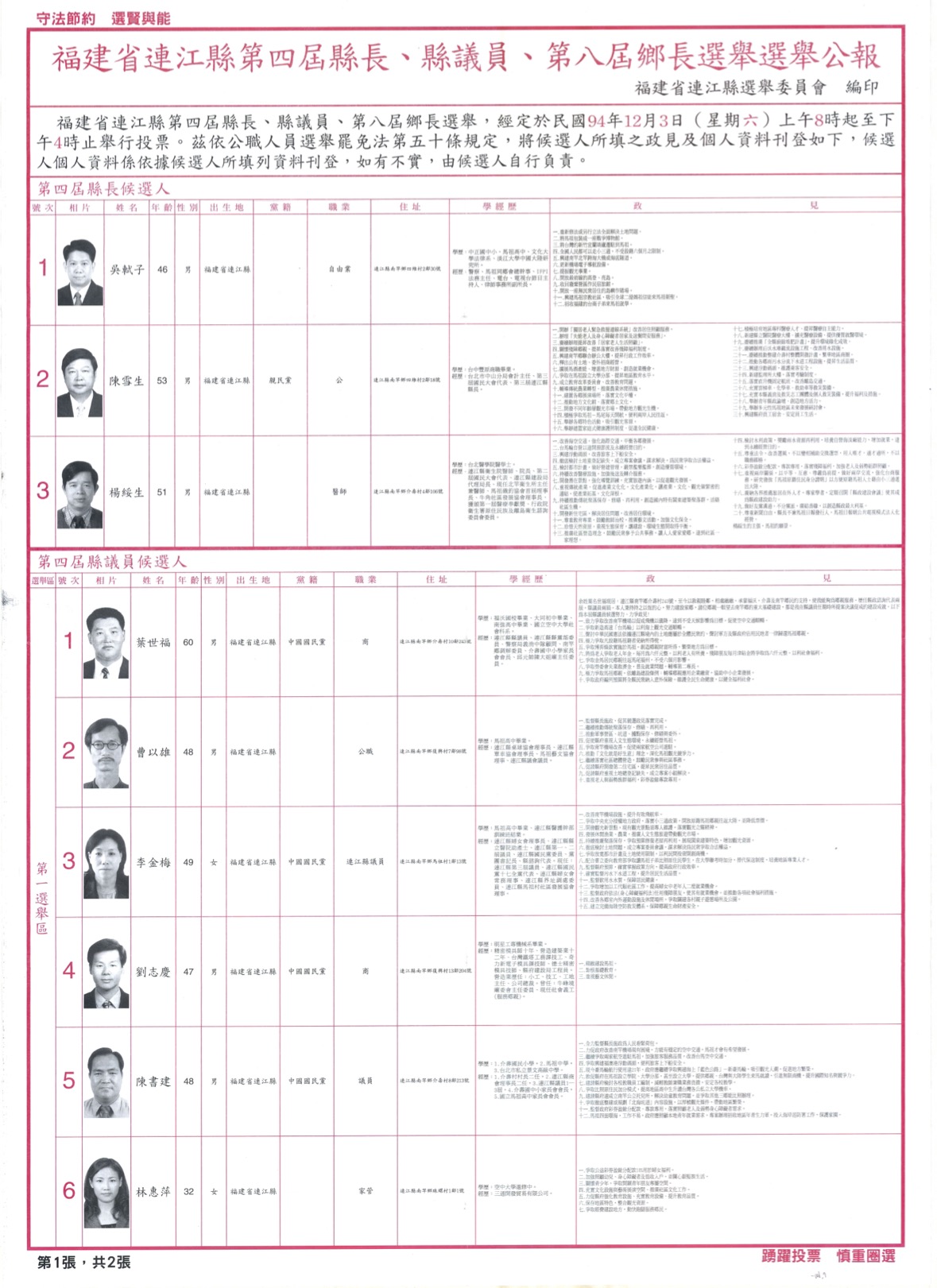 December 2005, the bulletin of the fourth Lienchiang County Magistrate and Council Member election, and the eighth Township Mayor election.